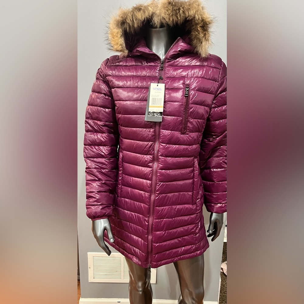 NWT Purple Quilted Long Puffer Jacket with Faux Fur Hood
